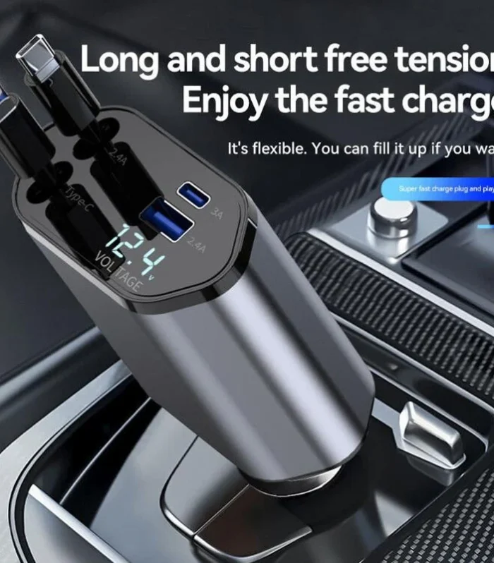 4-in-1 Retractable Car Charger | Dual USB & USB-C PD Fast Charging, 100W