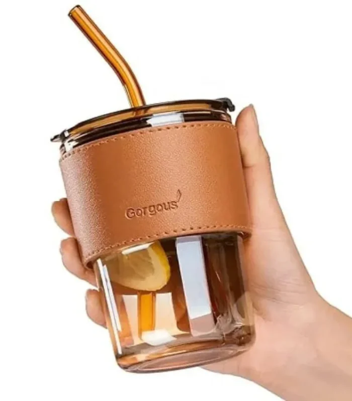 Bamboo Joint Glass Cup with Lid & Straw | 13oz Can-Shaped Tumbler with Leather Sleeve