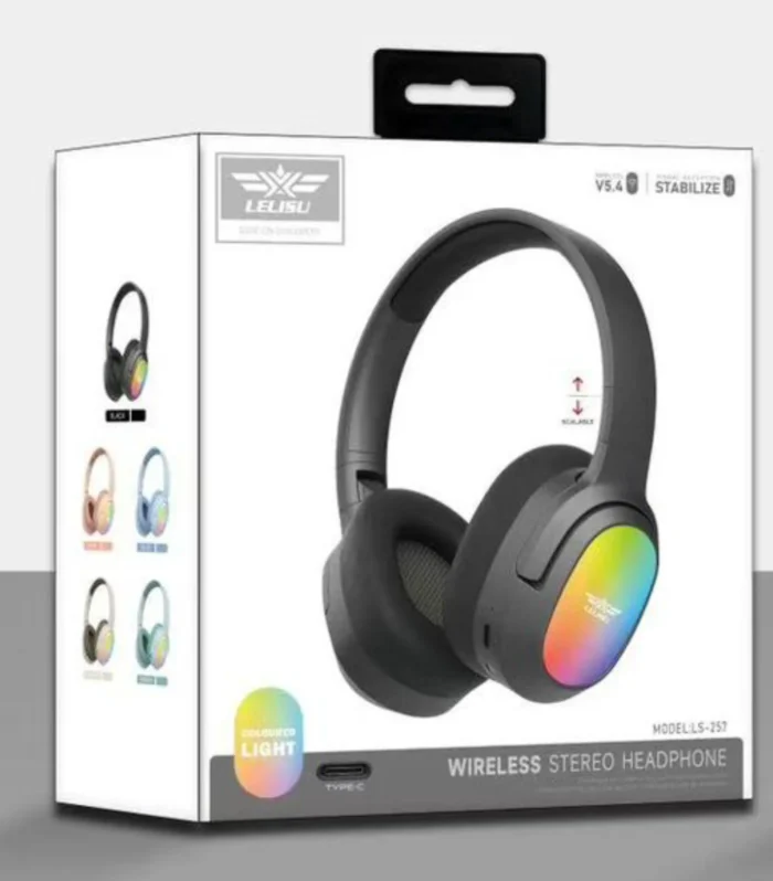 Lelisu LS-257 Wireless Stereo Headphones | Bluetooth 5.4 Over-Ear Headset with Type-C Charging & LED Lights