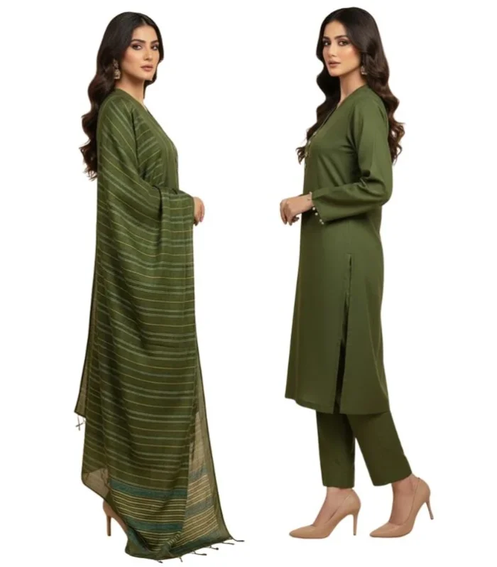 Winter Sussi Silk 3-Piece Suit for Women | Unstitched Plain Shirt & Trouser | Heavy Winter Sussi Shawl | Bottle Green