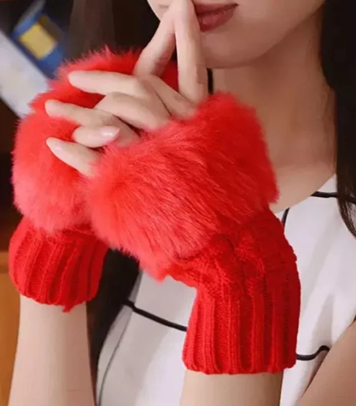 Women’s Faux Fur Fingerless Knitted Gloves | Warm Winter Hand Wrist Warmers | Soft, Stylish & Comfortable | Blue