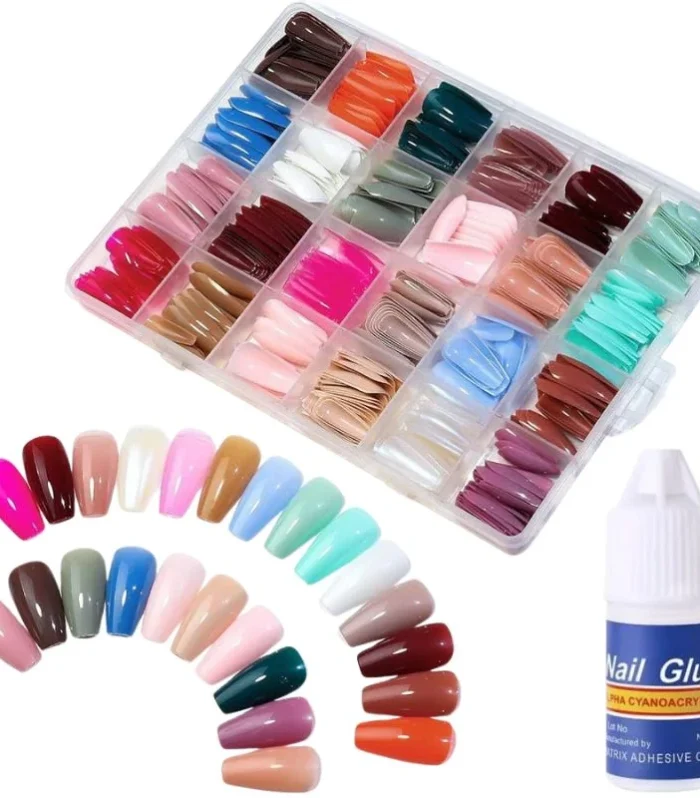 Multicolor Acrylic Artificial Nails Kit | Full Cover Nails with Glue | 24 Shades | 576 Pcs