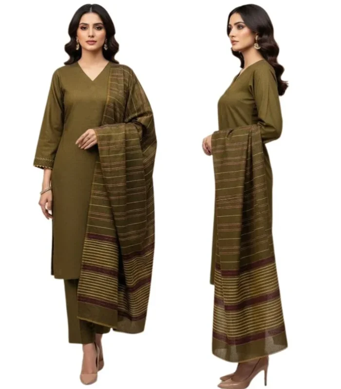 Winter Sussi Silk 3-Piece Suit for Women | Unstitched Plain Shirt & Trouser | Heavy Winter Sussi Shawl | Olive Green