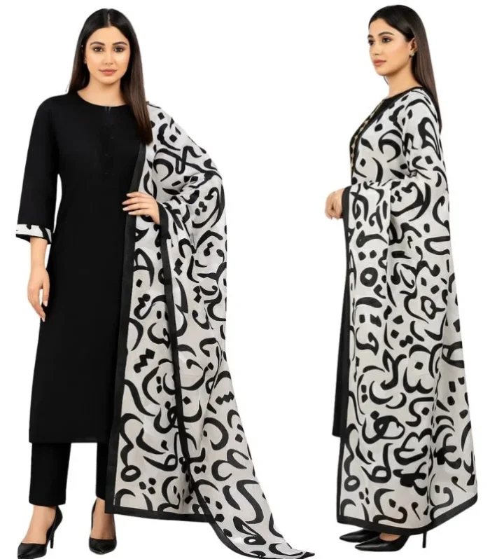 Katan Silk 3-Piece Suit for Women | Unstitched Plain Shirt & Trouser with Heavy Winter Silk Shawl