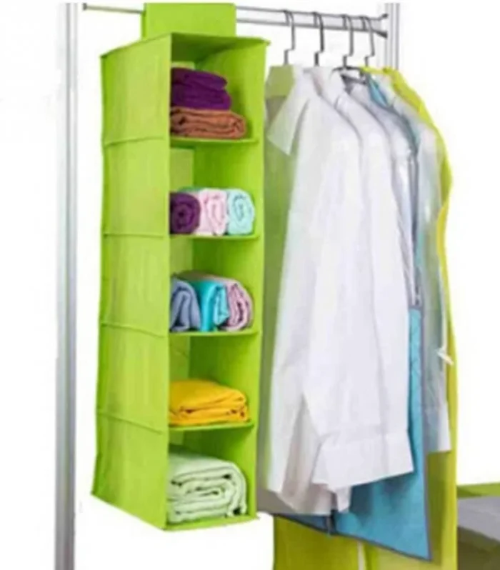 5 Shelf Clothes Hanging Organizer | Foldable Wardrobe Section Storage | Durable Fabric & Plastic
