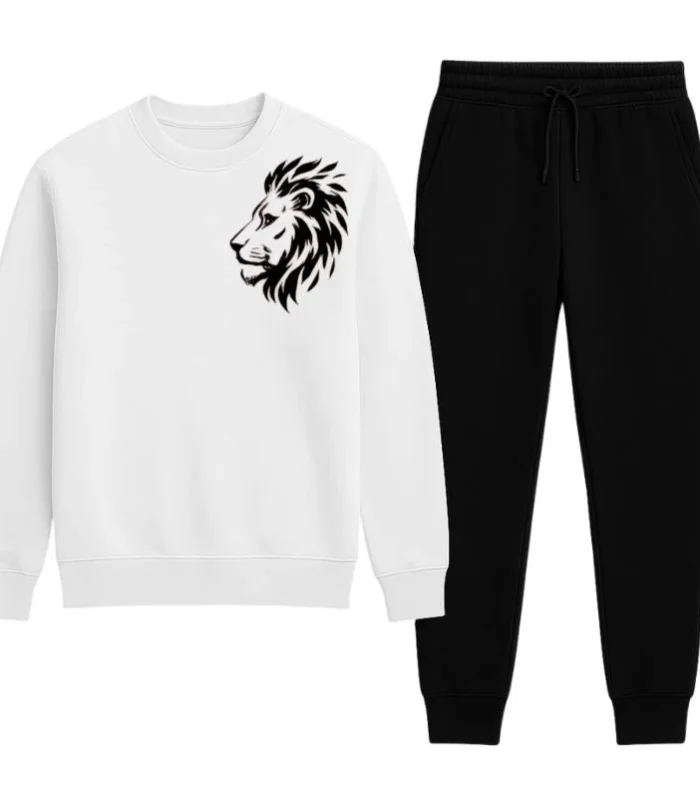 LION Printed White Tracksuit Sweatshirt & Trouser | Warm & Comfortable Winter Wear
