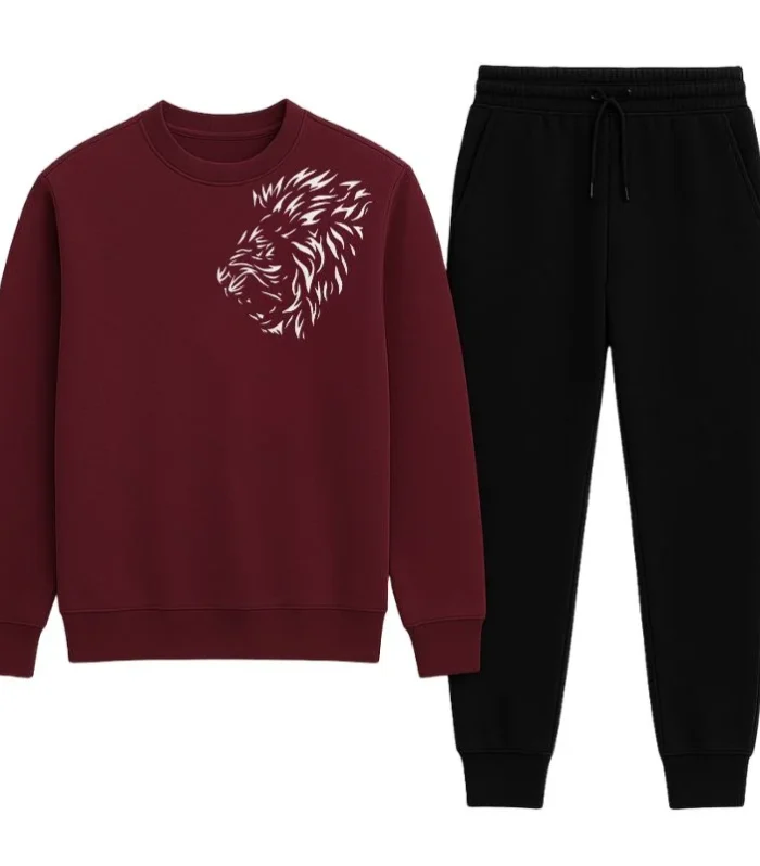LION Printed Maroon Tracksuit Sweatshirt & Trouser | Warm & Comfortable Winter Wear