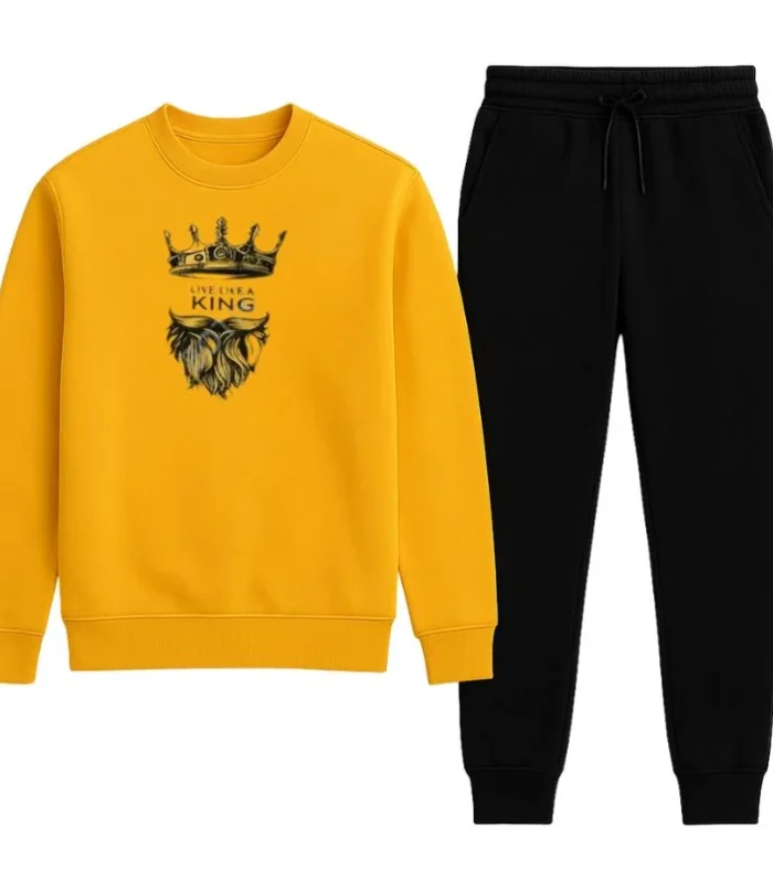 KING Printed Yellow Tracksuit Sweatshirt & Trouser | Warm & Comfortable Winter Wear | Medium