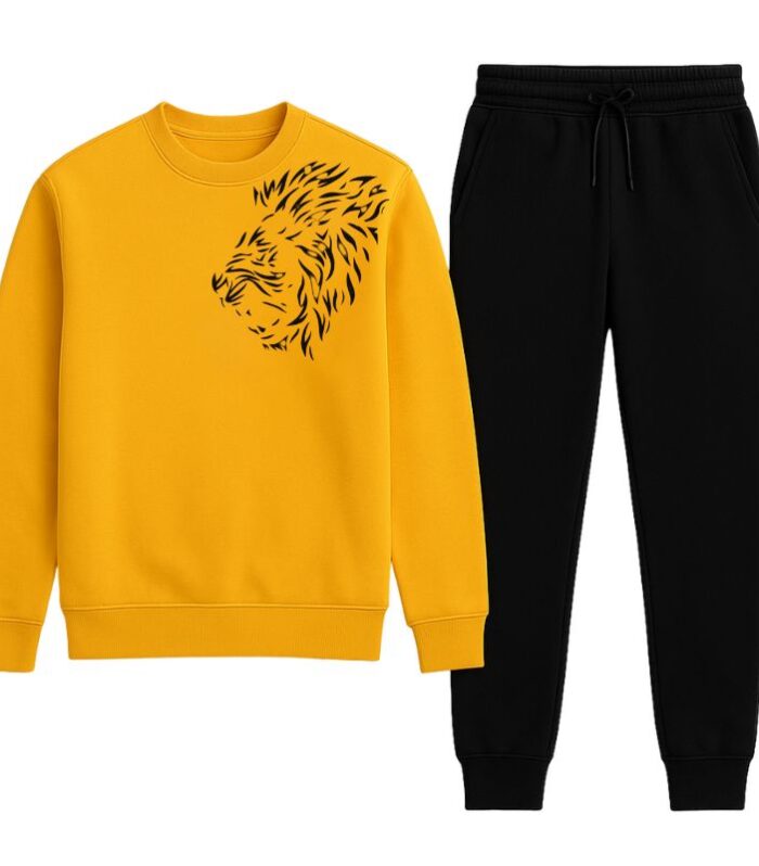 LION Printed Yellow Tracksuit Sweatshirt & Trouser | Warm & Comfortable Winter Wear | Medium