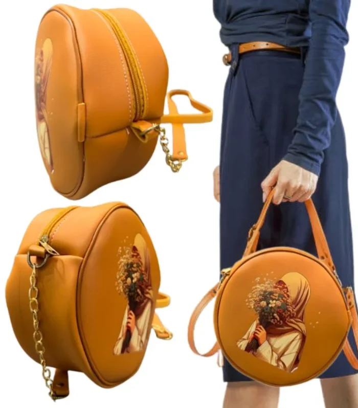 Round Retro Crossbody Handbag | Caramel Faux Leather with Artistic Print for Women